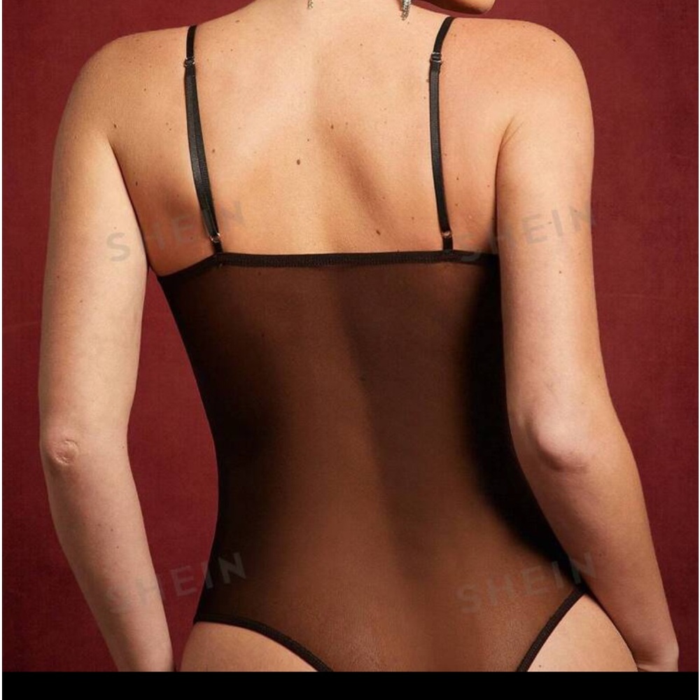 shein rhinestone seam detail mesh bodysuit size small - Picture 3 of 3